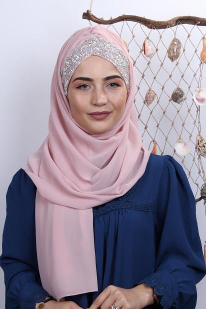 Woman Hijab & Scarf - Stone Design Bonnet Shawl Light Powder 100282990 - Turkey