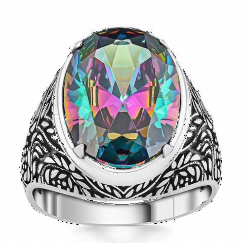 mix - Ivy Patterned Silver Ring with Mystic Topaz Stone 100350375 - Turkey