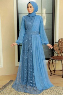 Woman - Blue Hijab Evening Dress 100341703 - Turkey