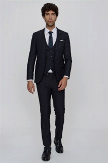 Men Navy Blue Laqos Vest Plaid Check Slim Fit Slim Fit 6 Drop Suit 100350986