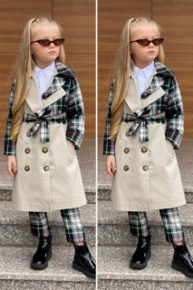 Girl Checked Patterned Front Button Detailed Trench Coat Beige Bottom Top Set 100344666