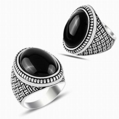 Onyx Stone Rings - Onyx Stone Straw Knitted Pattern Oval Silver Ring 100347868 - Turkey