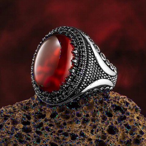 mix - خاتم رجالي من الفضة الإسترليني منقطة بحجر العقيق الأحمر 100350306 - Turkey