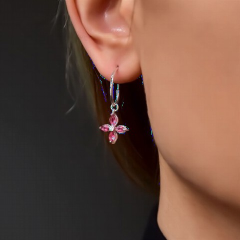 Jewelry & Watches - Fuchsia Zircon Stone Flower Dangle Earrings 100350014 - Turkey