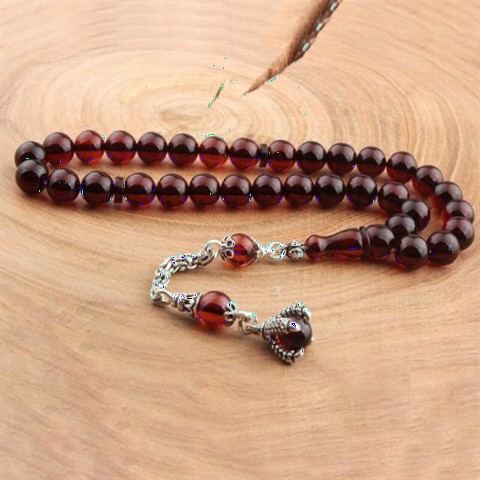 Red Grain Tasseled Eagle Claw Detailed Amber Drop Rosary 100349550
