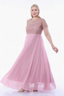 Evening Dress - Plus Size Top Silvery Square Detail Long Evening Dress Powder 100276326 - Turkey