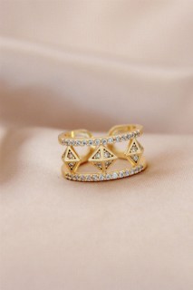 Rings - Gold Metal Mini Square Patterned Zircon Stone Multi View Adjustable Ring 100319396 - Turkey