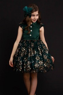Evening Dress - Girl's New Little Sultan Buttoned Fluffy Green Evening Dress 100327108 - Turkey