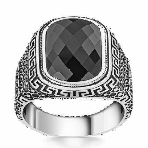Zircon Stone Rings - Black Zircon Pattern Embroidered Silver Ring 100350270 - Turkey