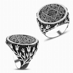 Men - Tumbled Seal of Prophet Solomon Embroidered Silver Ring 100346819 - Turkey