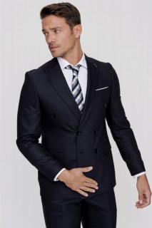 Men's Navy Blue Perotta Double Breasted Jacquard 6 Drop Suit 100352694 - Turkey