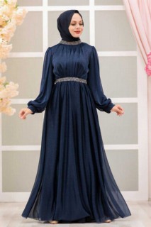 Evening & Party Dresses - Navy Blue Hijab Evening Dress 100337641 - Turkey