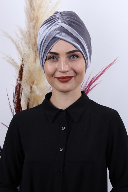 Woman Bonnet & Hijab - 3-Streifen-Mütze aus Samt Grau - Turkey