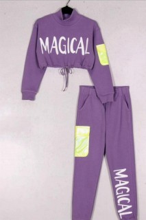 Tracksuits, Sweatshirts - Girl Child Magical Written Lilac Tracksuit Suit 100326942 - Turkey