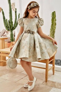 Kids - Girl Balloon Sleeve Silvery Floral Embroidered And Bag Mint Green Evening Dress 100327797 - Turkey