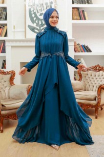 Wedding & Evening - Petrol Blue Hijab Evening Dress 100340078 - Turkey