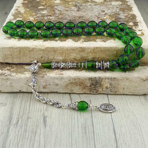 Green Fire Amber Silver Tasseled Rosary 100346572
