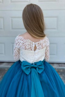 Girls' Fluffy Blue Evening Dress with Lace Embroidery and Tulle Skirt Tarlatan 100328319