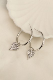 Earrings - Silver Color Zircon Stone Heart Shaped Hoop Earrings 100319968 - Turkey