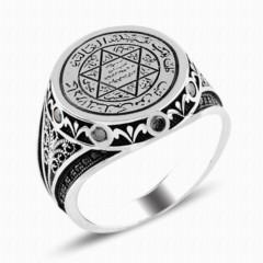 Men - Seal of Prophet Solomon Motif Embroidered Stone Silver Ring 100346796 - Turkey