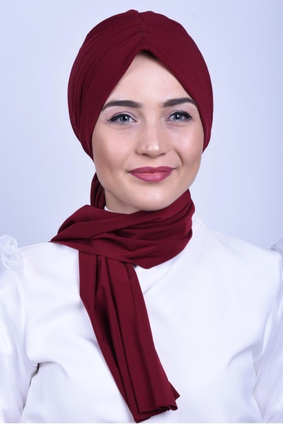 Woman Bonnet & Turban - Shirred Tie Bone Claret Red 100285544 - Turkey