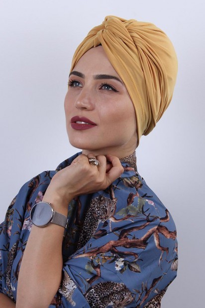 Woman Bonnet & Turban - Dolama Bone Mustard Yellow 100285242 - Turkey