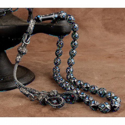 Rosary - Original Erzurum Oltu Stone Enamel and Silver Inlaid Rosary 100346824 - Turkey