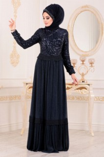 Evening & Party Dresses - Navy Blue Hijab Evening Dress 100299445 - Turkey