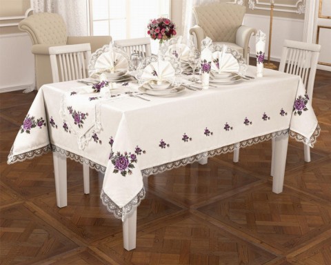 Table Cover Set - Nappe Guipure Imprimée Point de Croix 18 Pièces Lilas 100257865 - Turkey