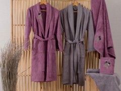 Set Robe - Cottonbox Bamboo 3D Embroidered Family Bathrobe Set Violet Plum Gray 100331265 - Turkey