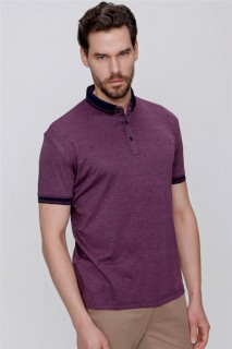 Men's Claret Red Mercerized Collar Striped Buttoned Collar Dynamic Fit Comfortable Cut T-Shirt 100350715