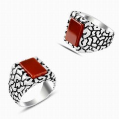 Agate Stone Rings - Agate Stone Side Stone Patterned Silver Ring 100347842 - Turkey