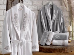 Bathroom - Lace Merlin Embroidered Bamboo Bathrobe Set White Gray 100332323 - Turkey