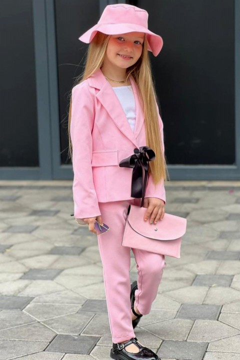 Girl Clothing - Girl's Blazer Jacket with Rope Strap and Hat Pink Bottom Top Set 100328425 - Turkey