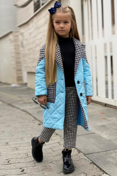Girls' Three Piece Blue Bottom Top Set With Crowbar Pants and Quilted Coat 100327377