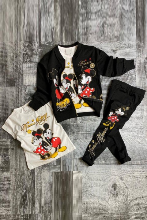 Tracksuits, Sweatshirts - Girl's Glittery Minnie Mouse Printed 3-pack Black Tracksuit Suit 100327184 - Turkey