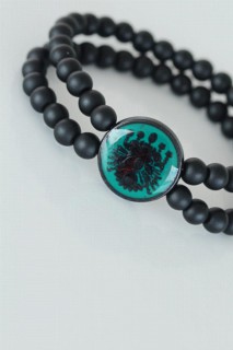 Black Color Double Row Natural Stone Men's Bracelet With Ottoman Coat Of Arms Figure On Green Colored Metal 100318665