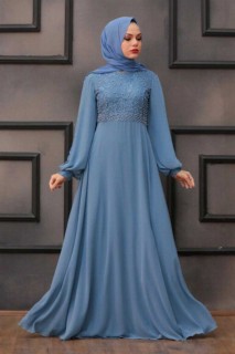 Woman - Blue Hijab Evening Dress 100335247 - Turkey
