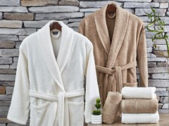 Set Robe - Harmony Jacquard Cotton Bathrobe Set Cream Green 100331516 - Turkey