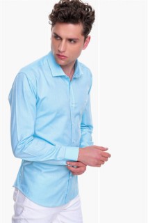 Men Turquoise 100% Cotton Slim Fit Slim Fit Straight Italian Collar Long Sleeve Shirt 100351246
