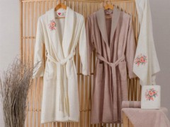 Set Robe - Cotton Box Embroidered 3d Bamboo Family Bathrobe Set Lenora Ecru Cappucino 100344793 - Turkey