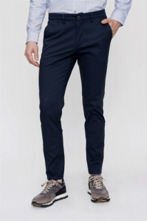 pants - Men's Navy Blue Cotton Slim Fit Side Pocket Linen Trousers 100351241 - Turkey