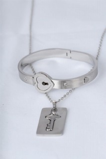 Keyed Handcuffs Steel Necklace and Heart Stainless Steel Bracelet Set 100318751