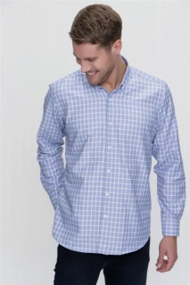 Men's Blue Regular Fit Comfy Cut Checked Buttoned Collar Long Sleeve Shirt 100351314