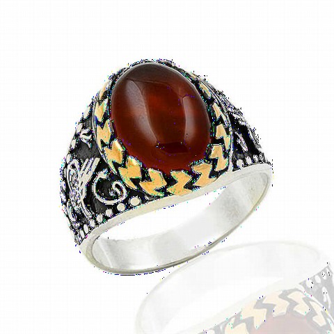 Agate Stone Rings - Oval Agate Stone Ottoman Tugra Patterned Silver Men's Ring 100348950 - Turkey