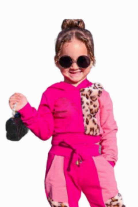 Girls' Double Colored Leopard Detailed Hooded Pink Tracksuit Suit 100327014