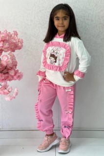 Girl Duck Printed Ruffle Detailed Hooded Pink Tracksuit Suit 100344655
