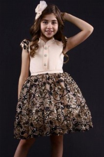 Evening Dress - Girl's New Tiny Sultan Buttoned Fluffy Beige Evening Dress 100327106 - Turkey