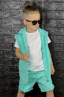 Boys' Sleeves Slit Detailed and Printed on Back Mint Green Shorts Suit 100328226