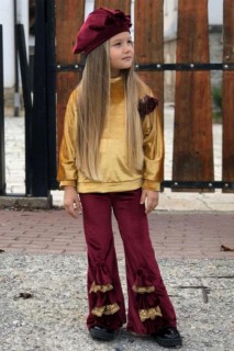Girl's Spanish Trousers Guipure Detailed Velvet Mustard Bottom Top Set 100327037